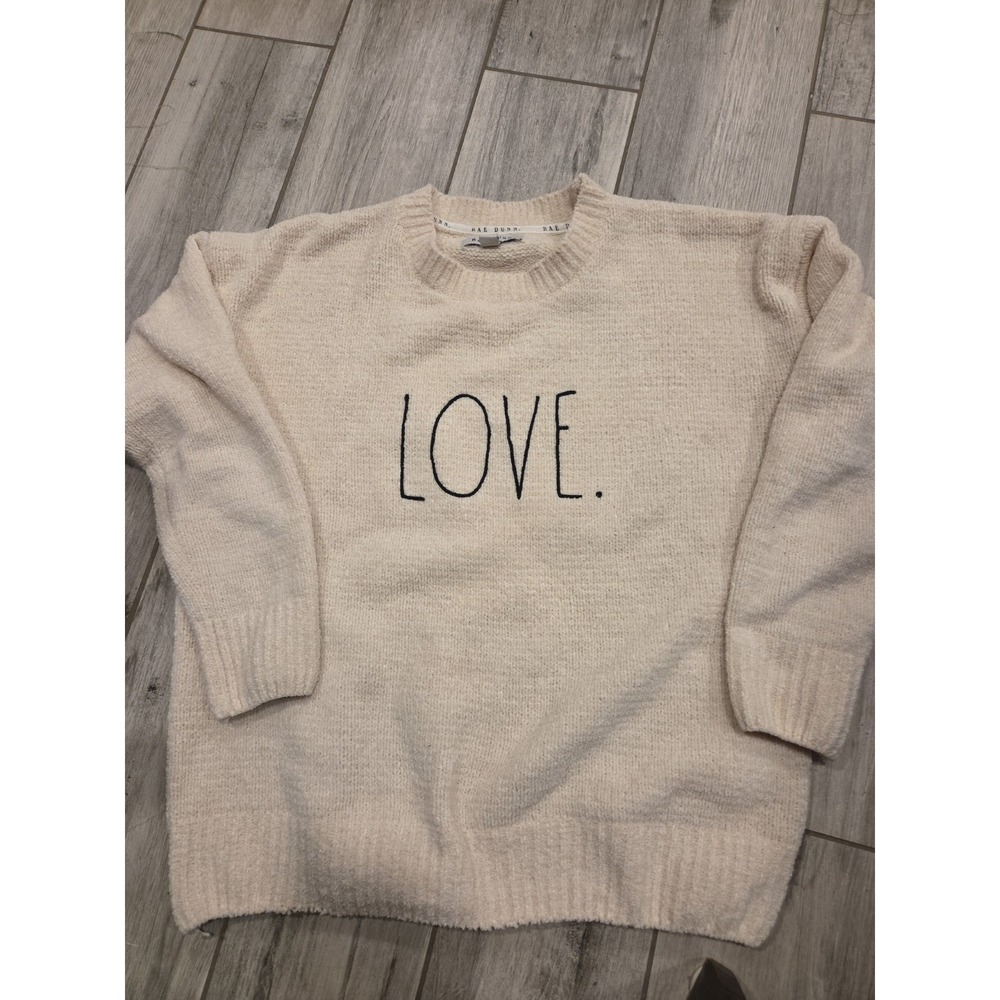 Rae Dunn LOVE Chenille Sweater Womens Medium‎ Cream Cozy Farmhouse